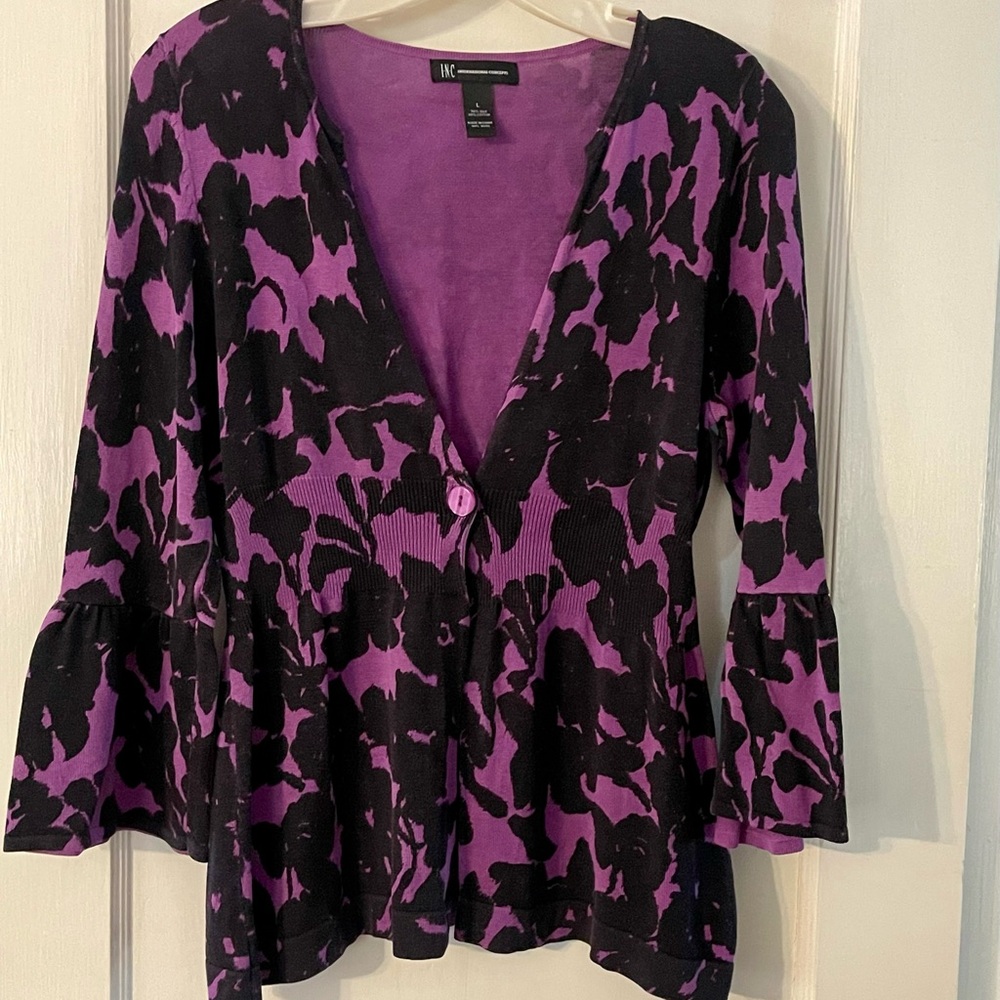 Purple and Black Floral INC Lightweight Women's Sweater with Button Close